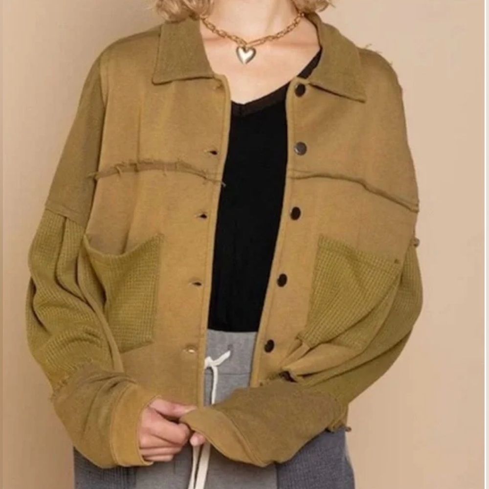 POL Olive Green Obvious Choice Waffle Knit  Oversized Distressed Jacket  Medium